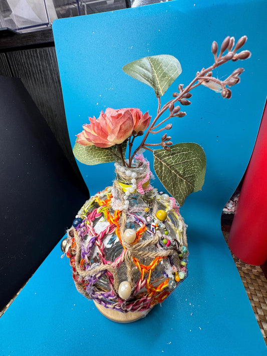 Upcycled Bottle Vase – Mixed Media Textile Assemblage Sculpture – Statement Home Decor