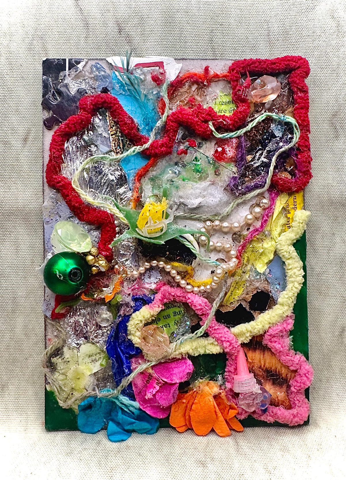 Coral Reef Confetti – Original Mixed Media Assemblage | 5inx7in Found Object Wall Art