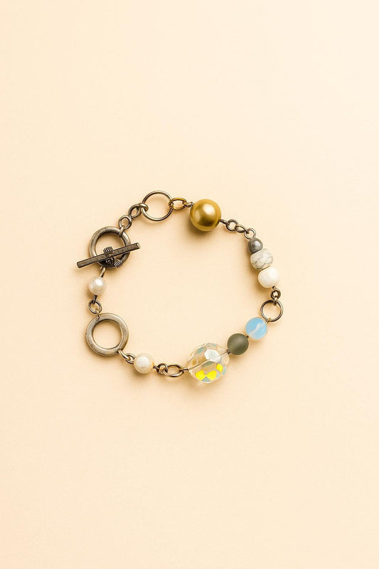 Celestial Mixed Bead Bracelet – Gold Silver Tone Chain, Toggle Clasp, Handmade Statement Jewelry