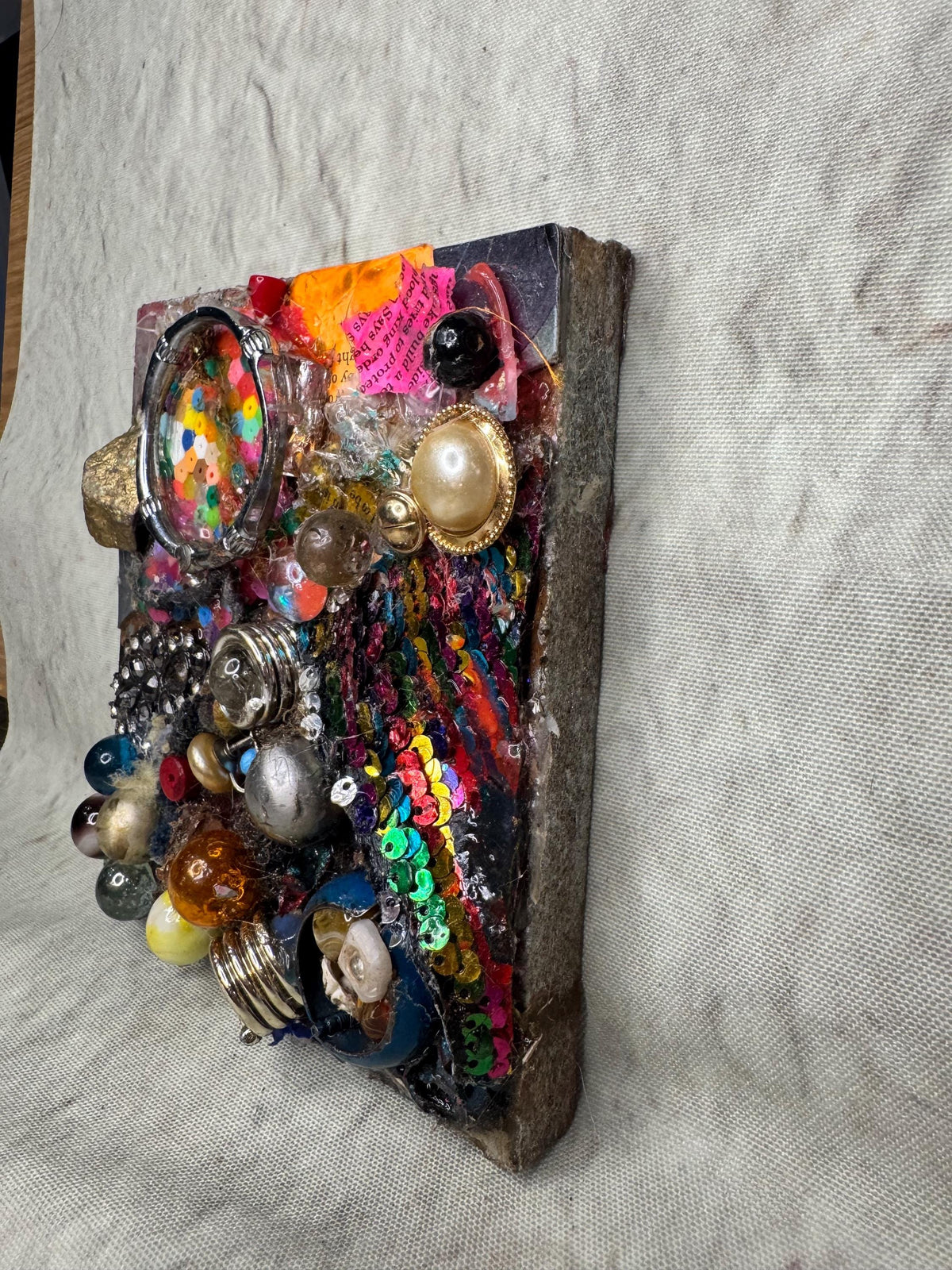 Glitter Ruins Assemblage – Found Object Mixed Media Sculpture on Wood Panel
