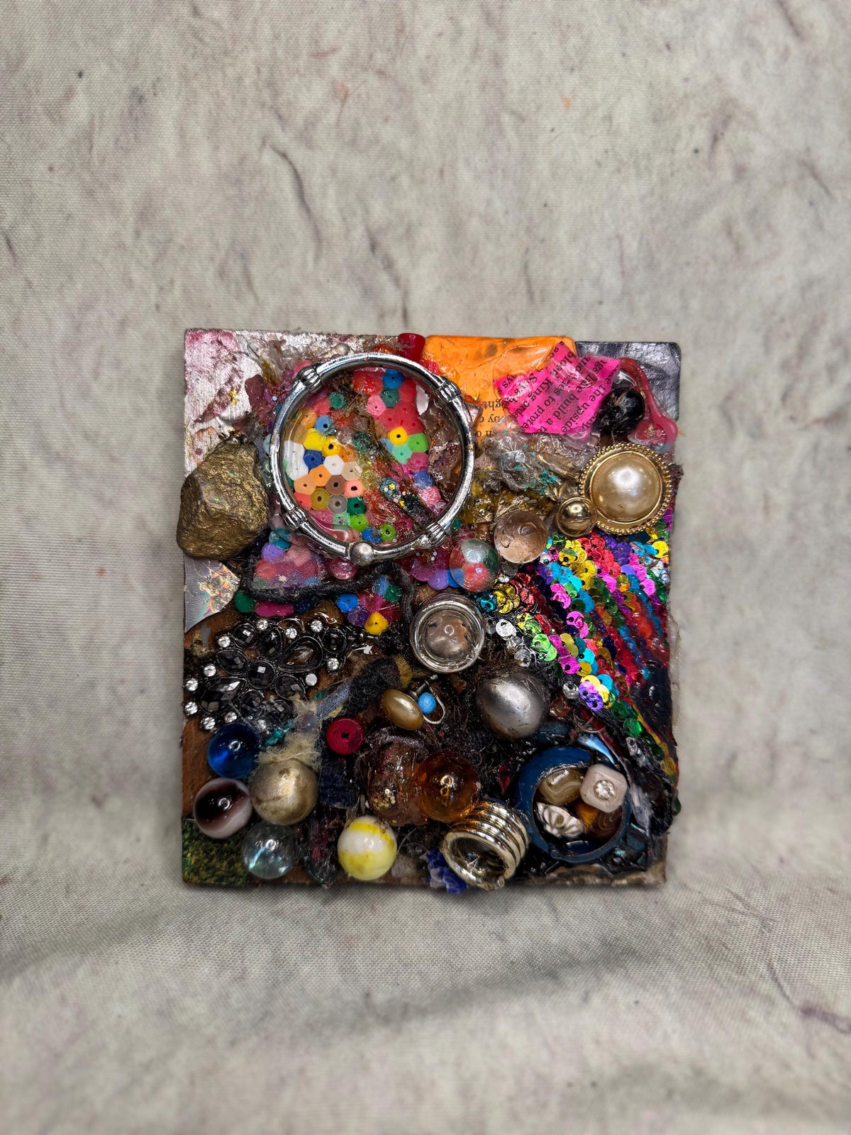 Glitter Ruins Assemblage – Found Object Mixed Media Sculpture on Wood Panel