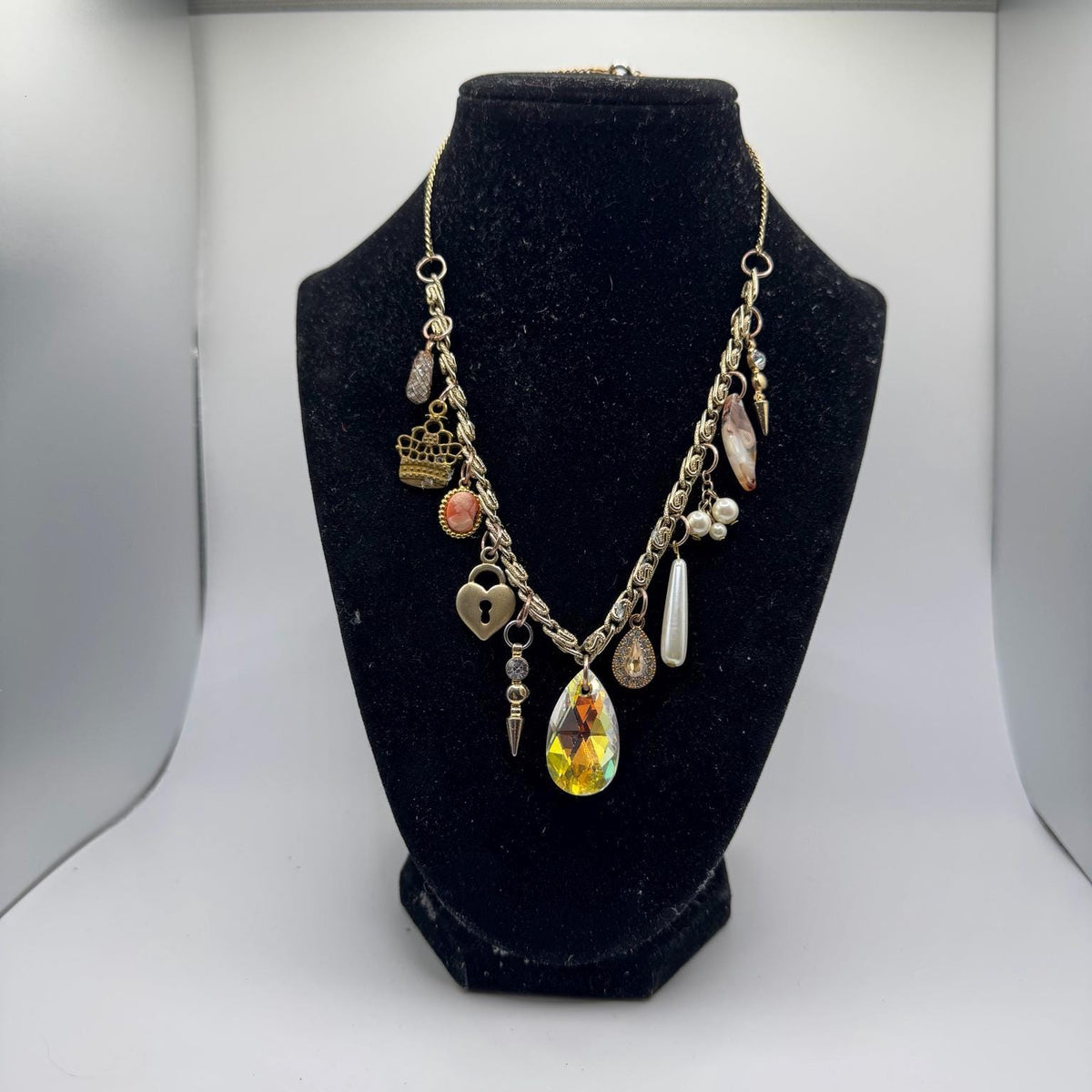 Charm Cascade Necklace – Iridescent Crystal Drop – Asymmetrical Vintage Charm Statement Jewelry