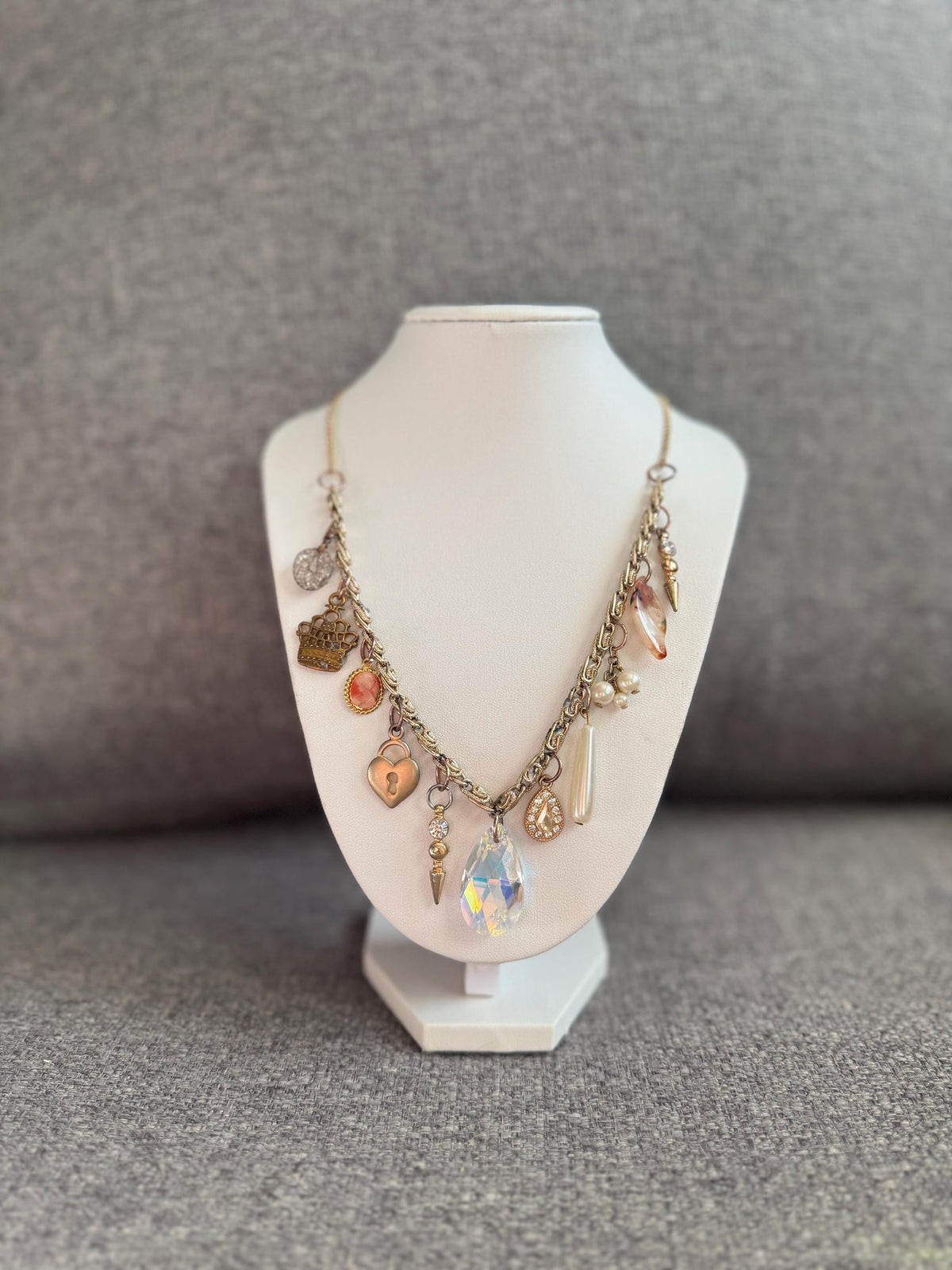 Charm Cascade Necklace – Iridescent Crystal Drop – Asymmetrical Vintage Charm Statement Jewelry