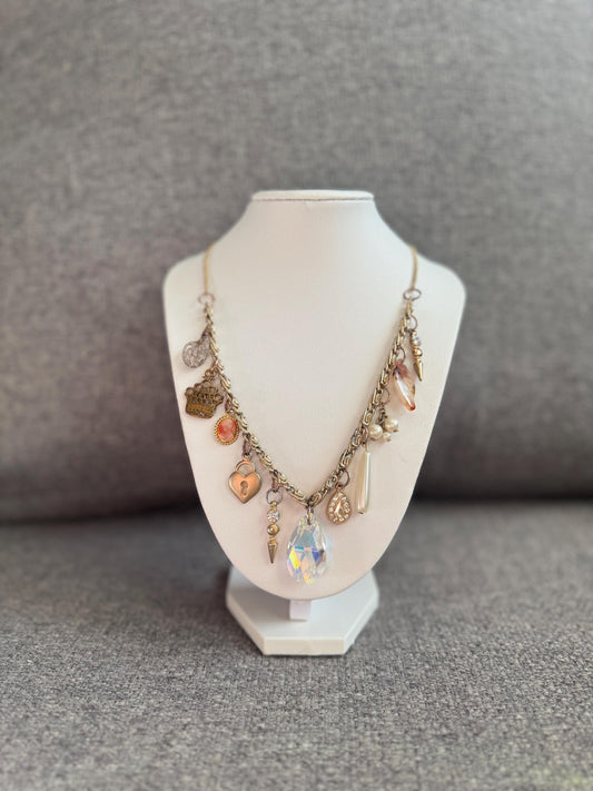 Charm Cascade Necklace – Iridescent Crystal Drop – Asymmetrical Vintage Charm Statement Jewelry