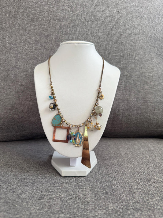 Turquoise Relic Charm Necklace – Asymmetrical Mixed Charm Assemblage Jewelry