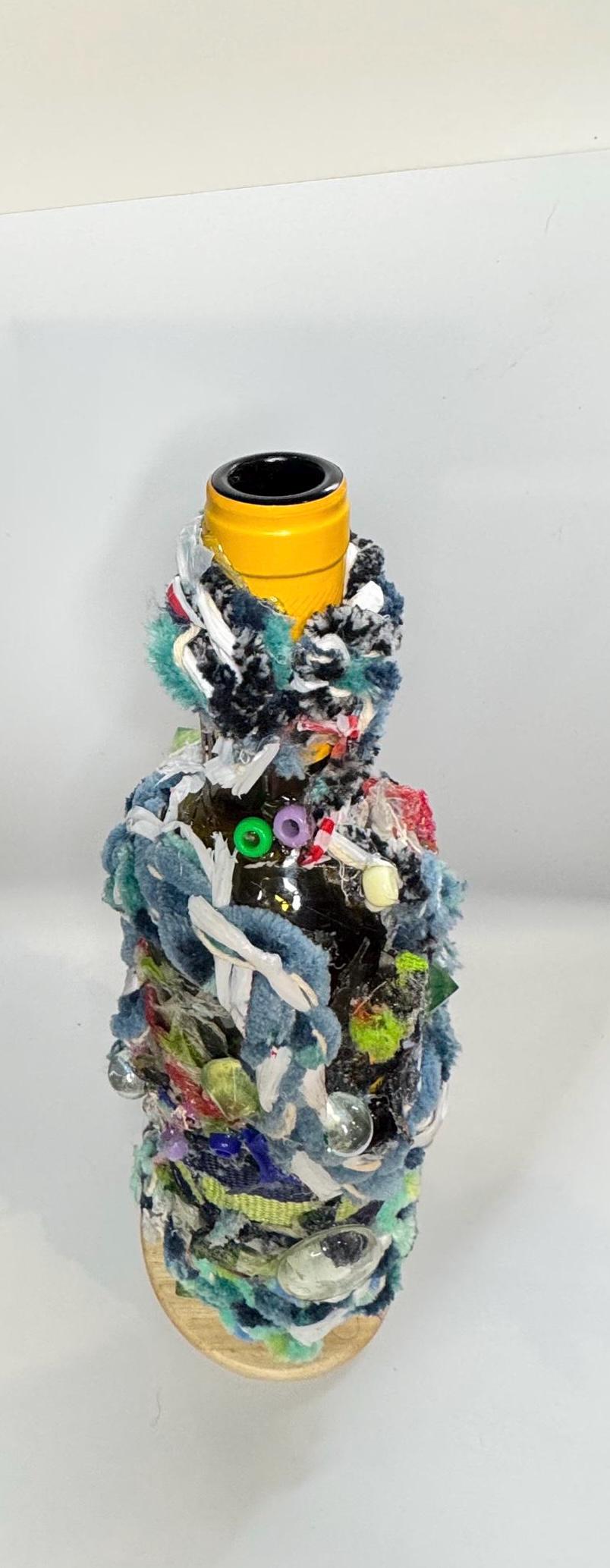Mixed Media Bottle Vase – Recycled Materials Sculpture – Handmade Assemblage Vessel – “Trash Relic” Totem Art