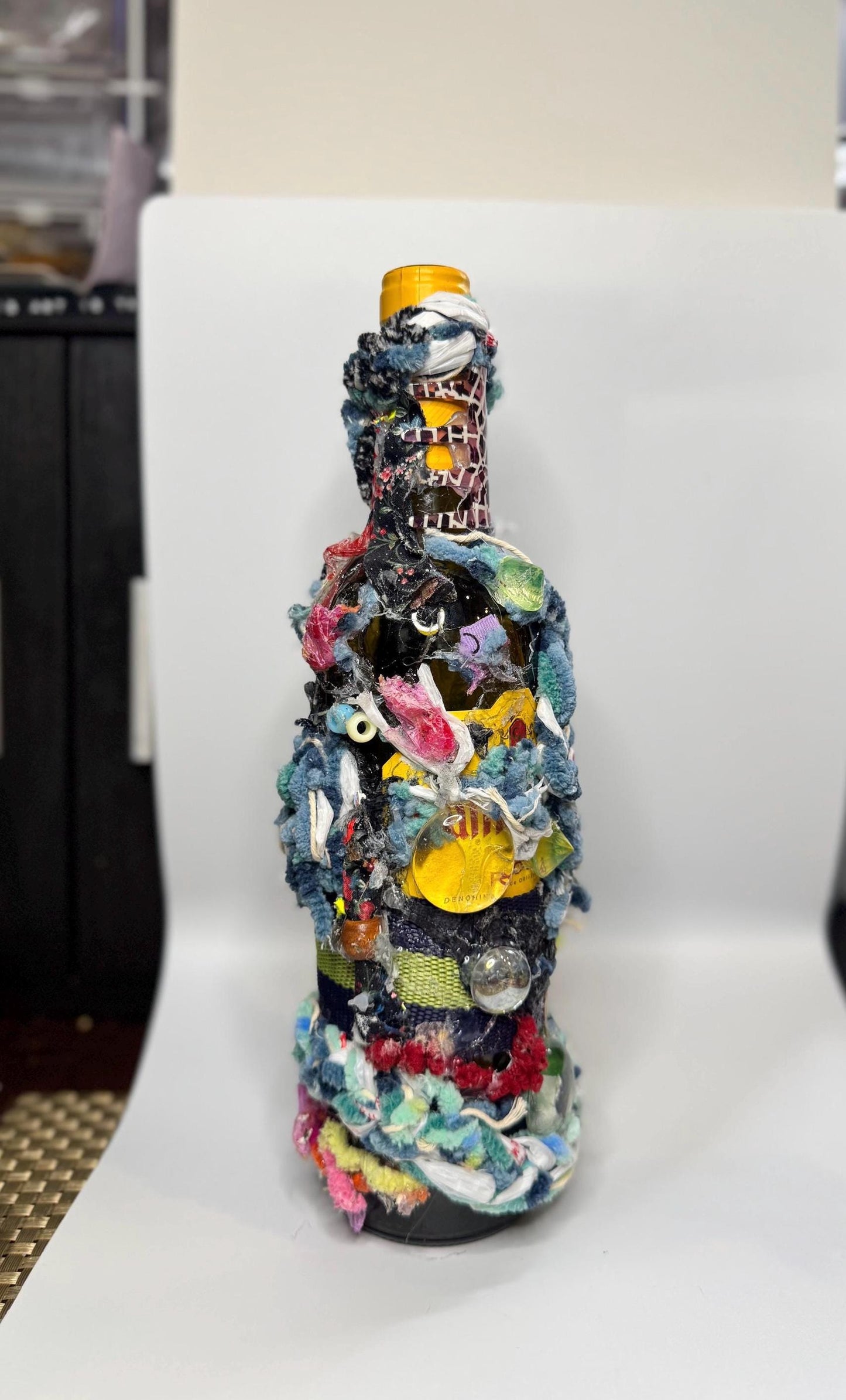 Mixed Media Bottle Vase – Recycled Materials Sculpture – Handmade Assemblage Vessel – “Trash Relic” Totem Art