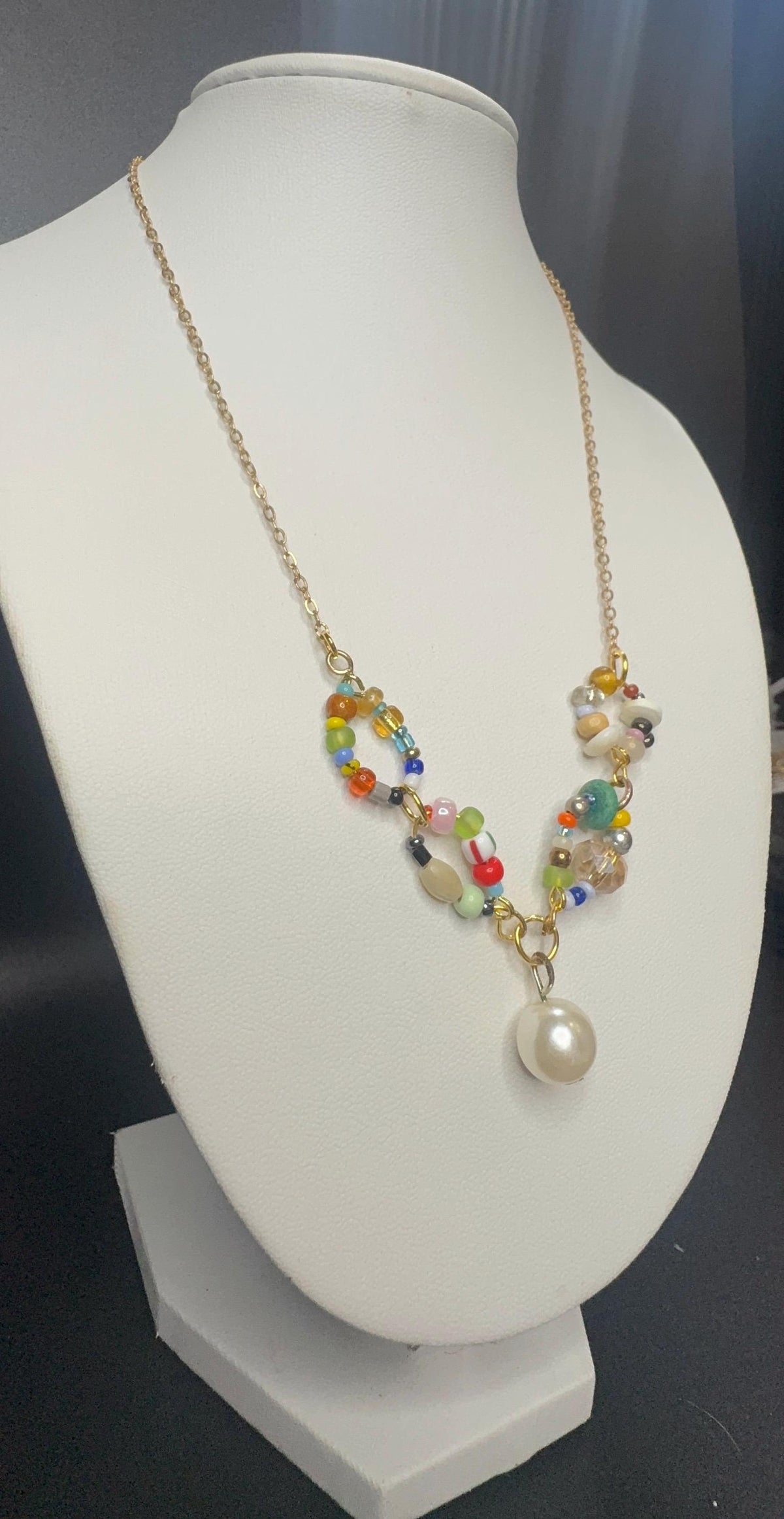 Asymmetrical Beaded Necklace with Pearl Drop – Mixed Glass Beads, Gold Chain, Wearable Collage Jewelry