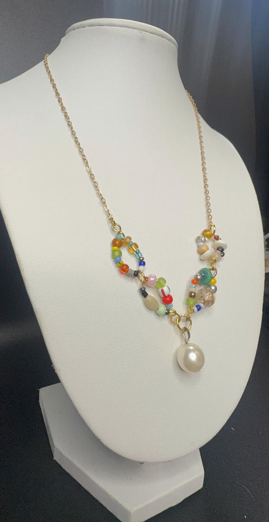 Asymmetrical Beaded Necklace with Pearl Drop – Mixed Glass Beads, Gold Chain, Wearable Collage Jewelry