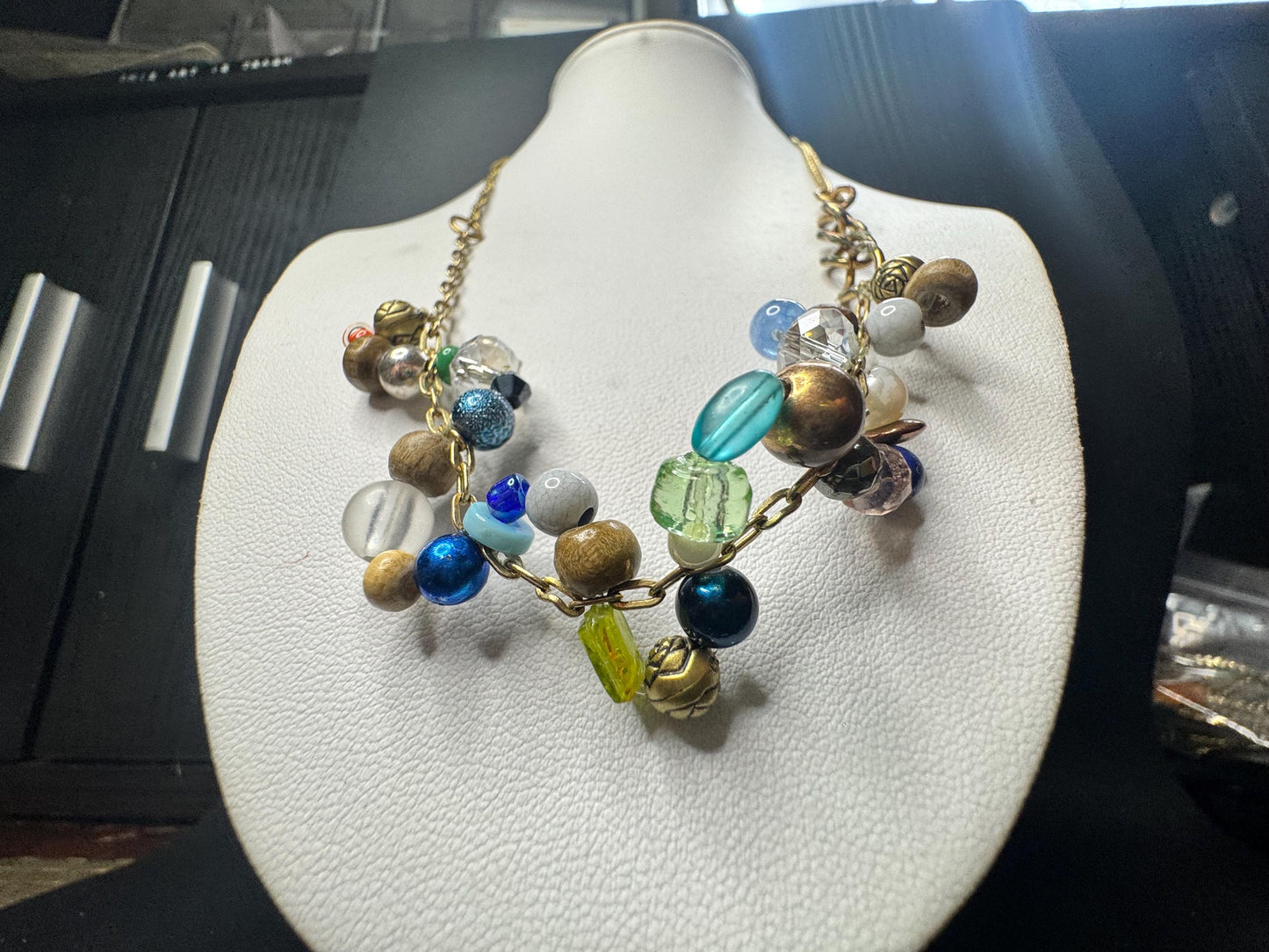 Asymmetrical Beaded Chain Necklace – Mixed Earth Tone Beads on Gold Chain, Wearable Collage Jewelry