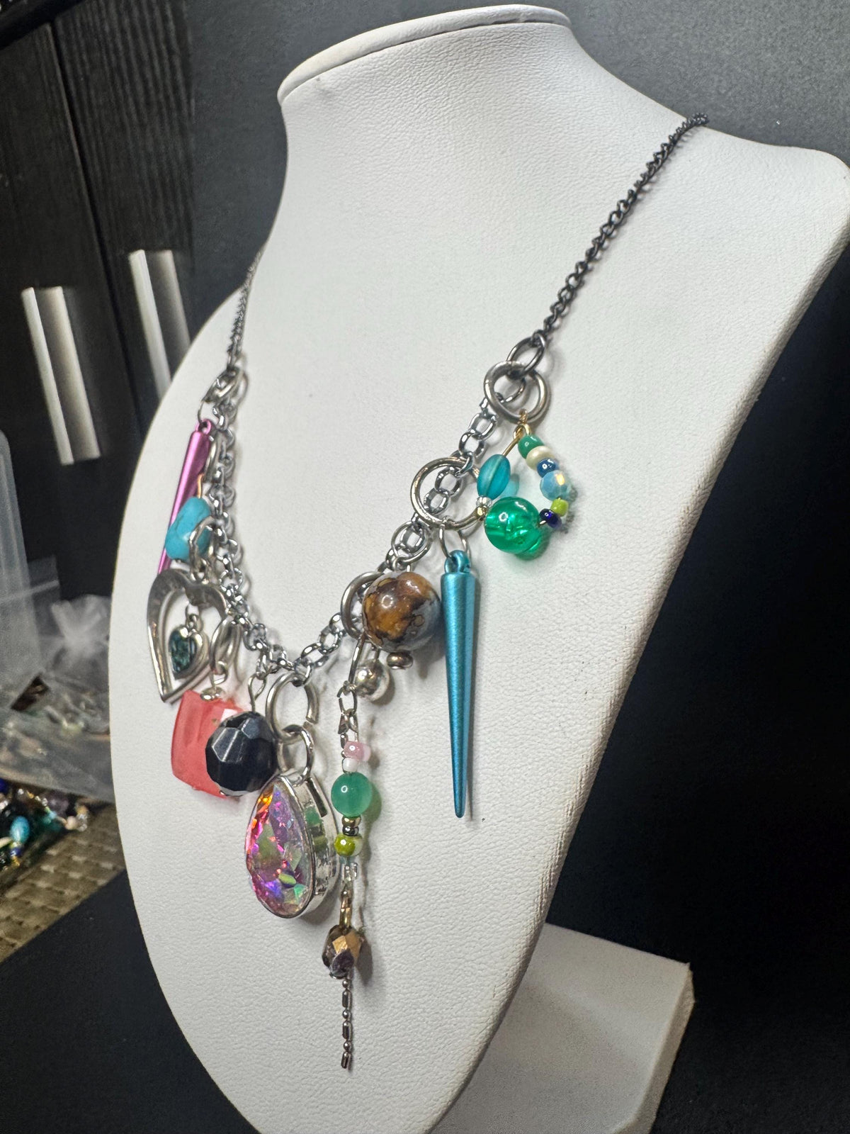 Maximalist Charm Necklace – Mixed Media Statement Jewelry with Spikes, Heart Charms & Colorful Beads