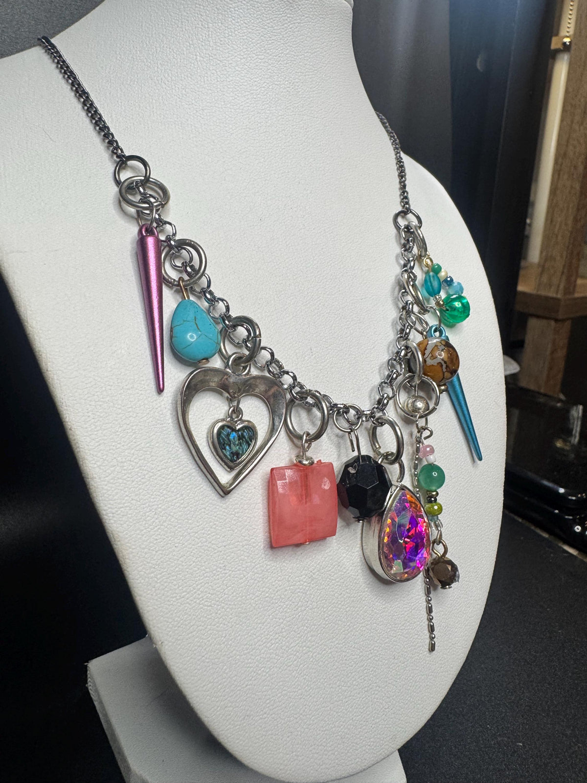 Maximalist Charm Necklace – Mixed Media Statement Jewelry with Spikes, Heart Charms & Colorful Beads