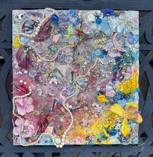 Yellow Mixed Media Collage – Textured Wood Panel Assemblage Art with Found Objects
