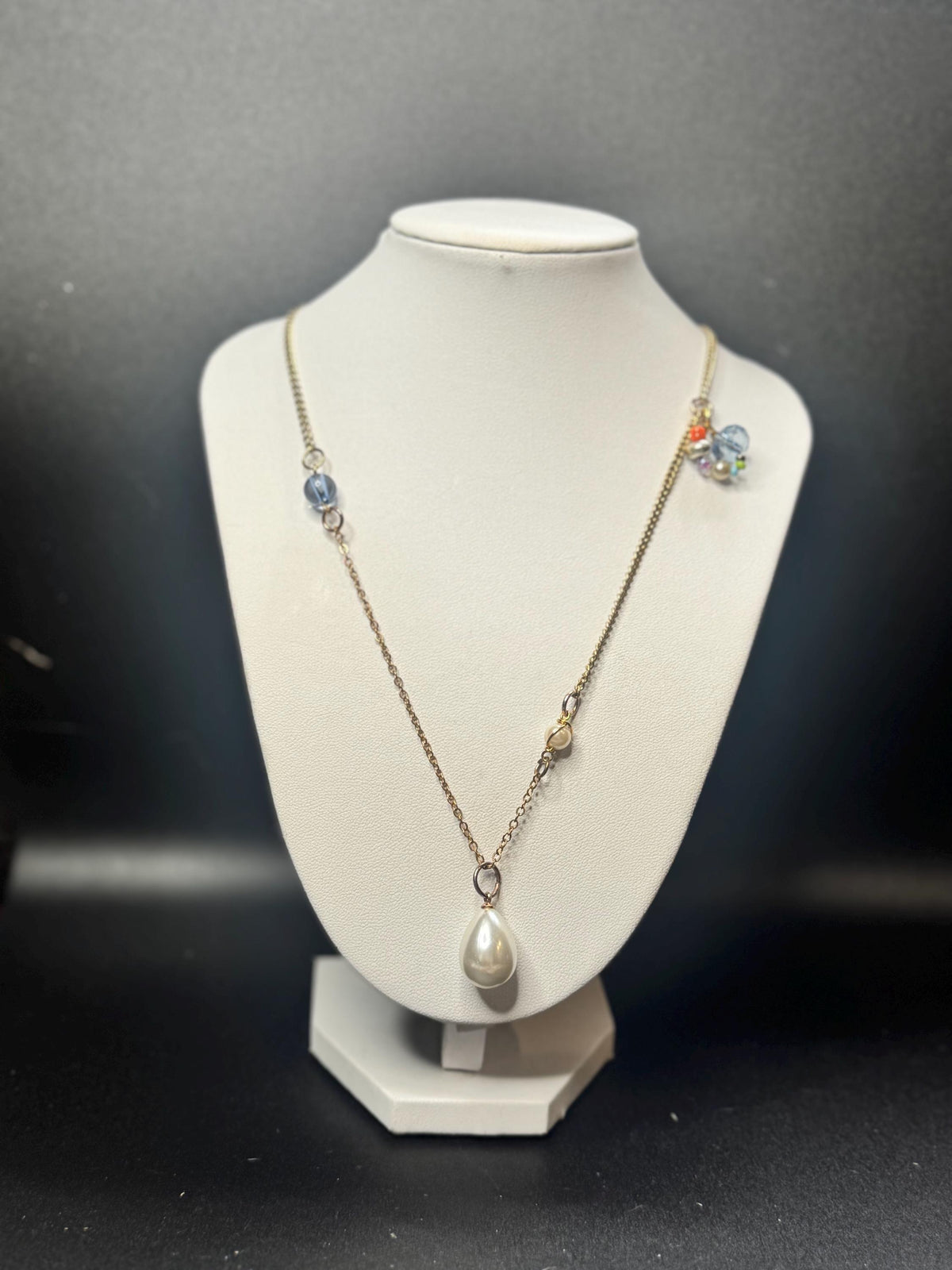 Asymmetrical Beaded Necklace with Pearl Drop – Mixed Glass Beads, Gold Chain, Wearable Collage Jewelry