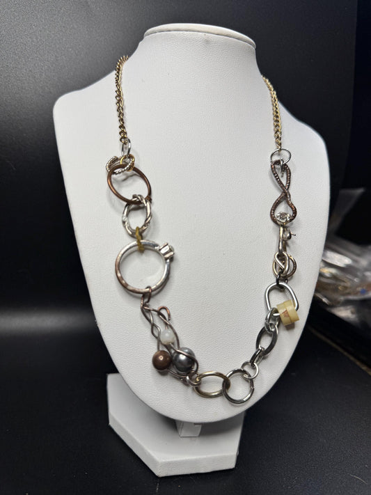 Mixed Metal Asymmetrical Necklace – Found Objects, Key, Heart Pendant Statement Jewelry