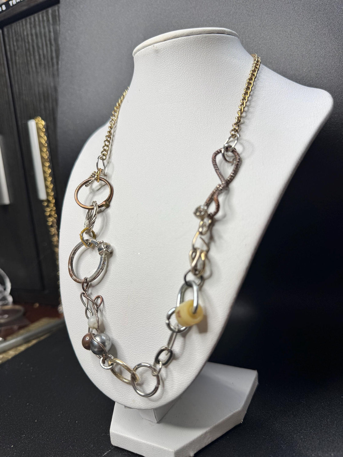 Mixed Metal Asymmetrical Necklace – Found Objects, Key, Heart Pendant Statement Jewelry