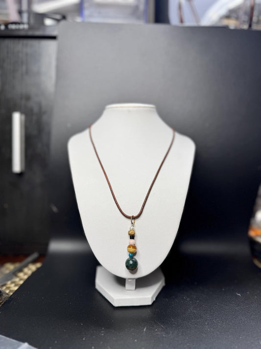 Minimal Beaded Pendant Necklace – Earth Tone Stack Pendant on Brown Cord, Handmade Talisman Jewelry