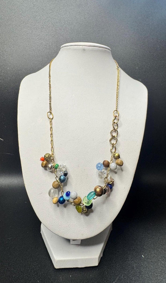 Asymmetrical Beaded Chain Necklace – Mixed Earth Tone Beads on Gold Chain, Wearable Collage Jewelry