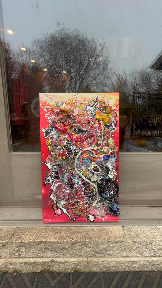 Mixed Media Collage on Canvas – Textured Assemblage Art with Found Objects, Jewelry, Resin