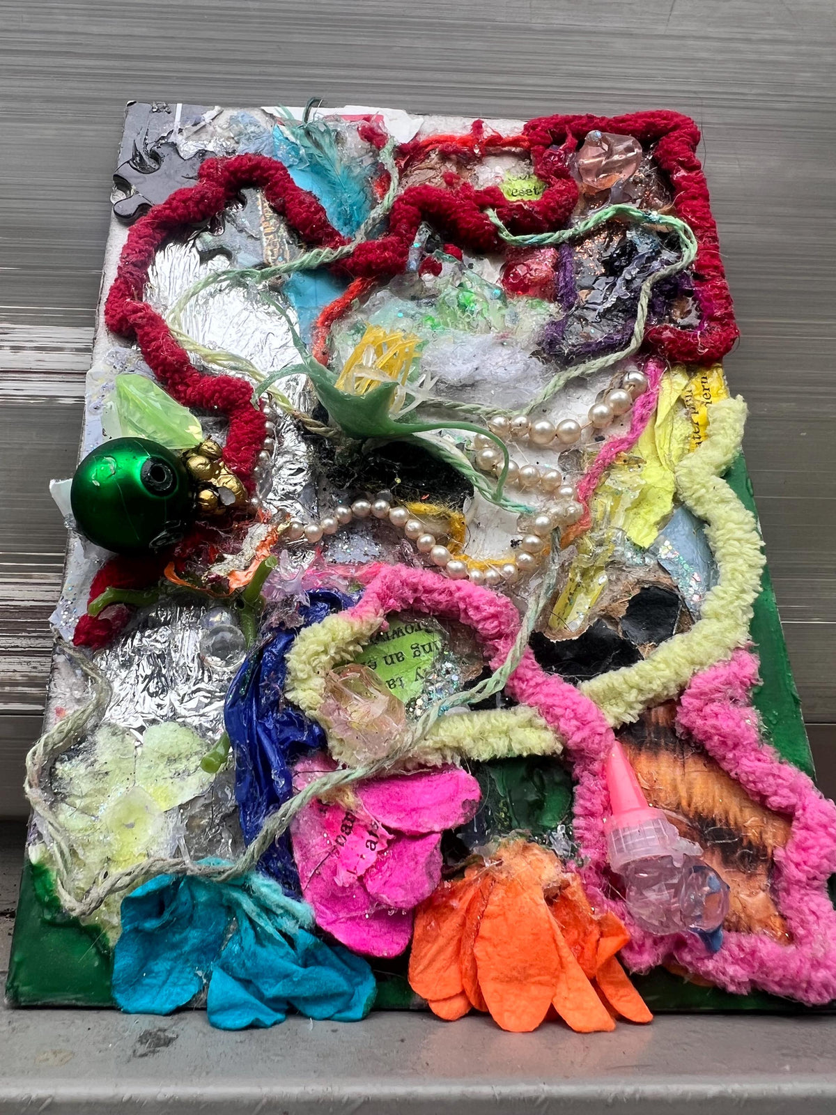 Coral Reef Confetti – Original Mixed Media Assemblage | 5inx7in Found Object Wall Art
