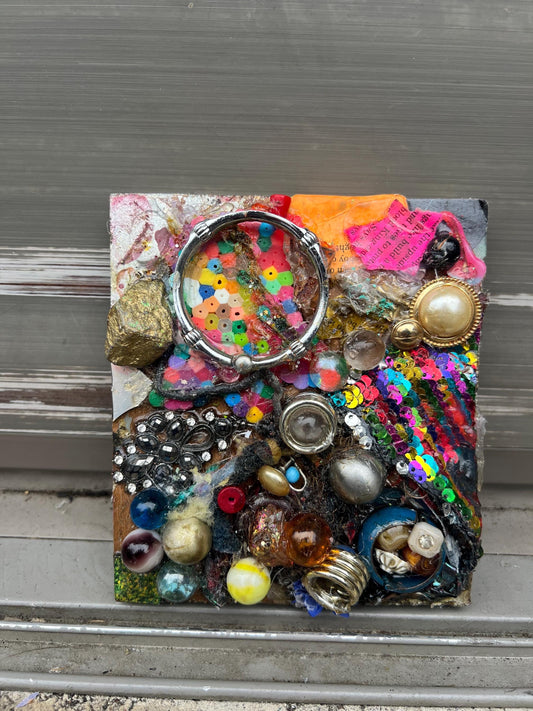 Glitter Ruins Assemblage – Found Object Mixed Media Sculpture on Wood Panel
