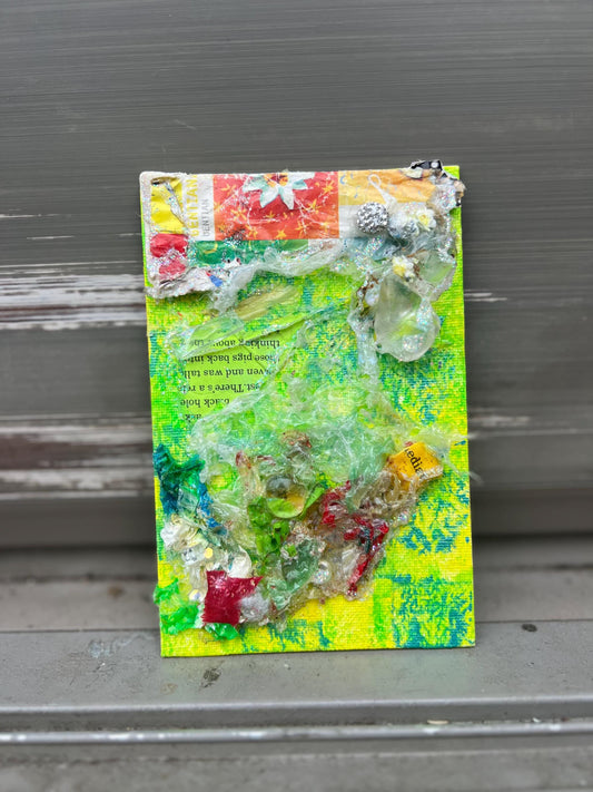 Reclaimed Plastic Collage on Canvas – Neon Green Mixed Media Artwork – Found Object Assemblage