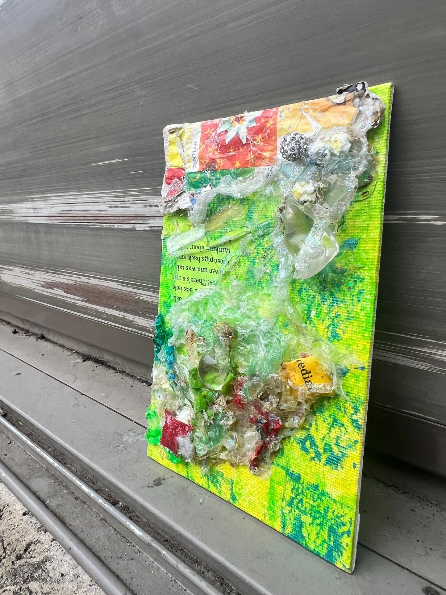 Reclaimed Plastic Collage on Canvas – Neon Green Mixed Media Artwork – Found Object Assemblage