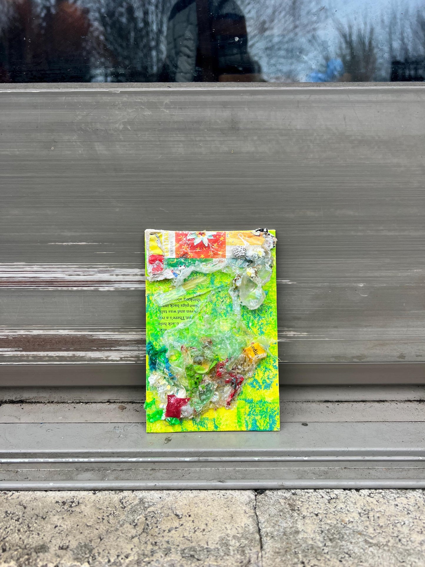Reclaimed Plastic Collage on Canvas – Neon Green Mixed Media Artwork – Found Object Assemblage