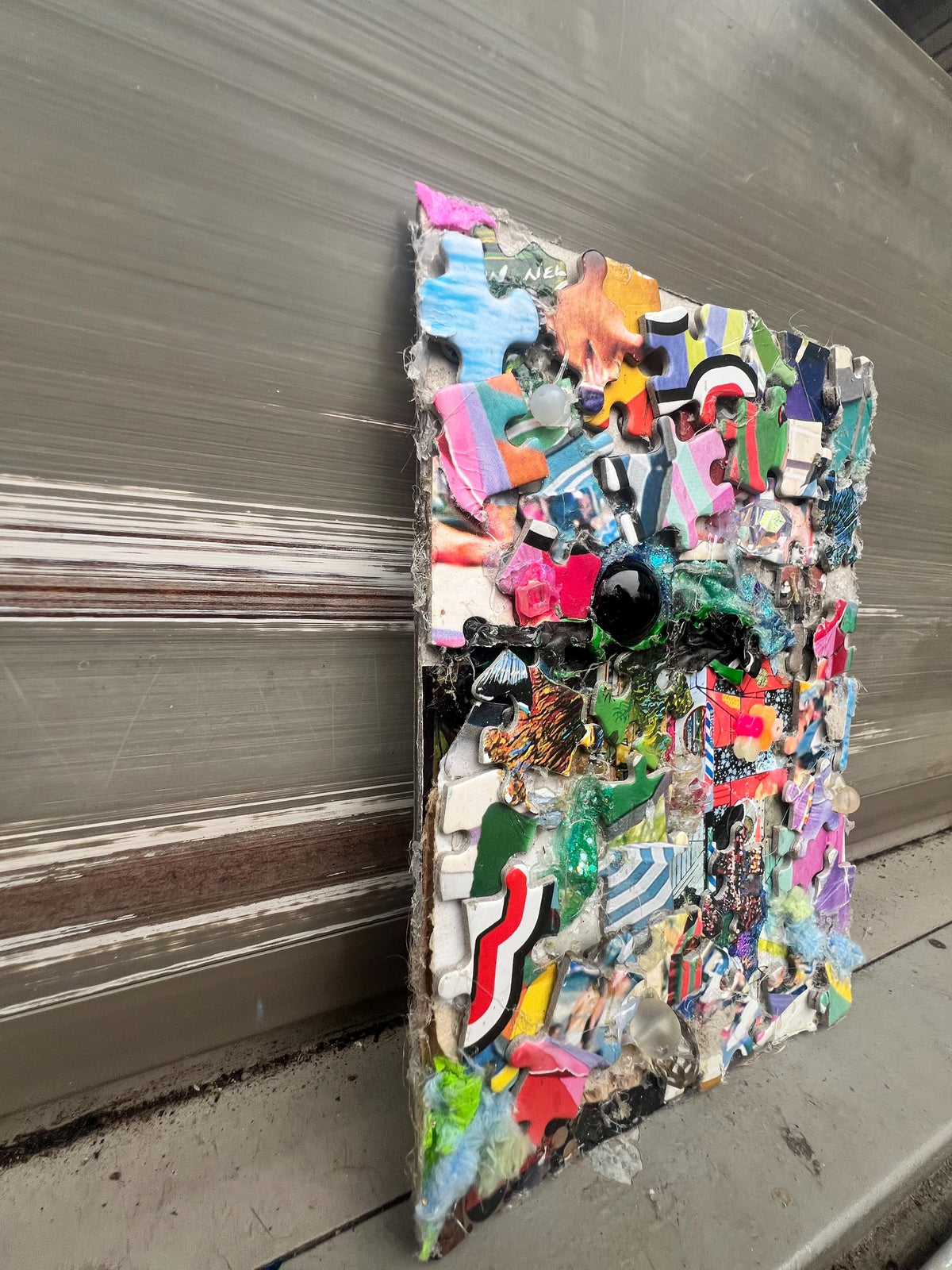 Reclaimed Puzzle Collage – Mixed Media Assemblage on Canvas – Found Object Artwork – Colorful Scrap Mosaic
