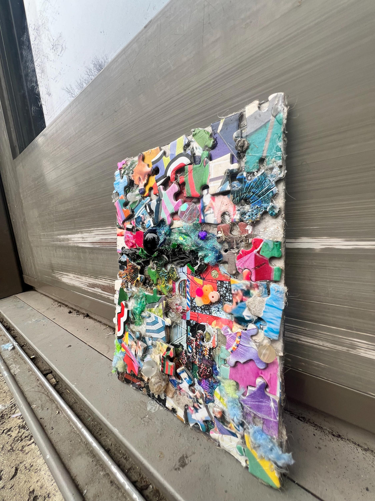 Reclaimed Puzzle Collage – Mixed Media Assemblage on Canvas – Found Object Artwork – Colorful Scrap Mosaic