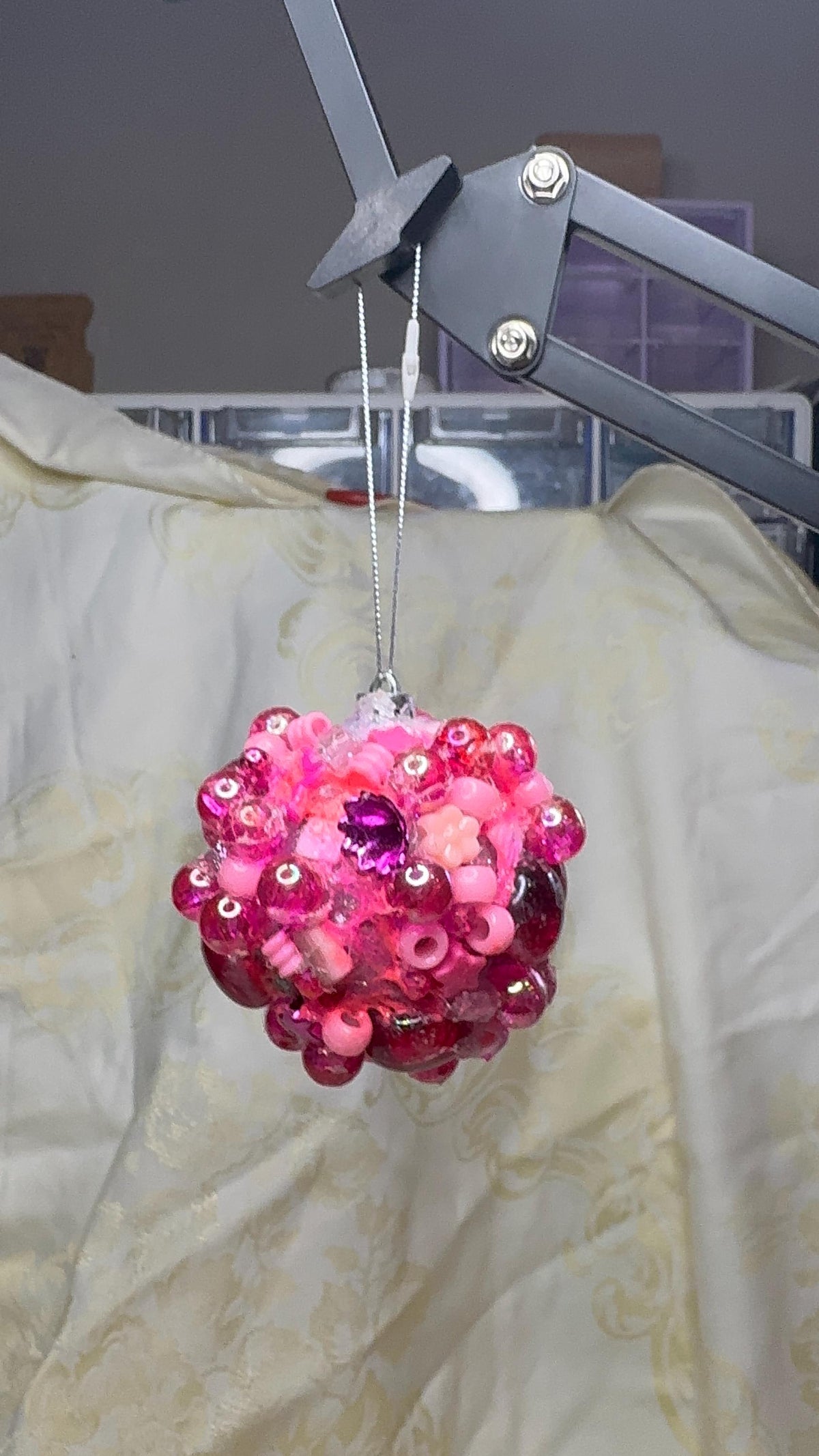 Pink Beaded Ornament – Handmade Maximalist Holiday Decor – Glitter Resin Bauble – Unique Christmas Ornament