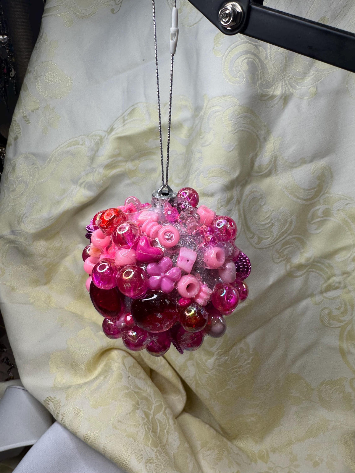 Pink Beaded Ornament – Handmade Maximalist Holiday Decor – Glitter Resin Bauble – Unique Christmas Ornament