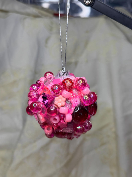 Pink Beaded Ornament – Handmade Maximalist Holiday Decor – Glitter Resin Bauble – Unique Christmas Ornament