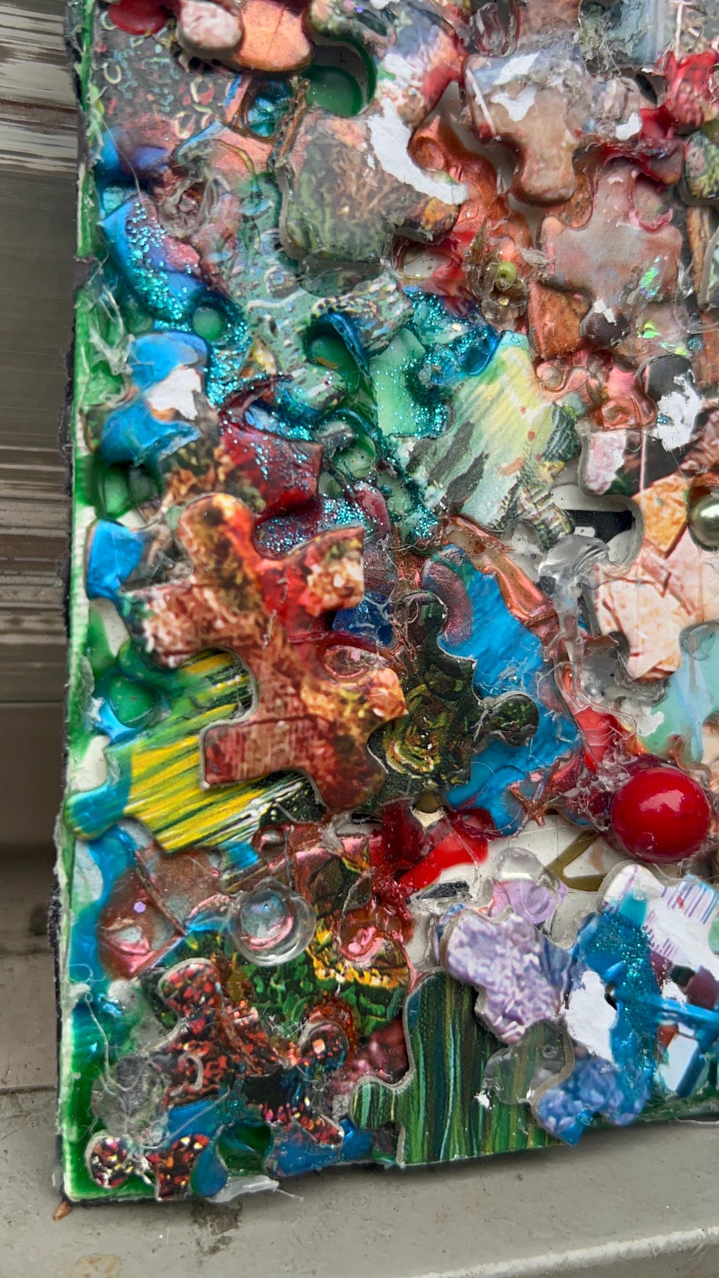 Reclaimed Puzzle Collage – Mixed Media Assemblage on Canvas – Found Object Artwork – Colorful Scrap Mosaic