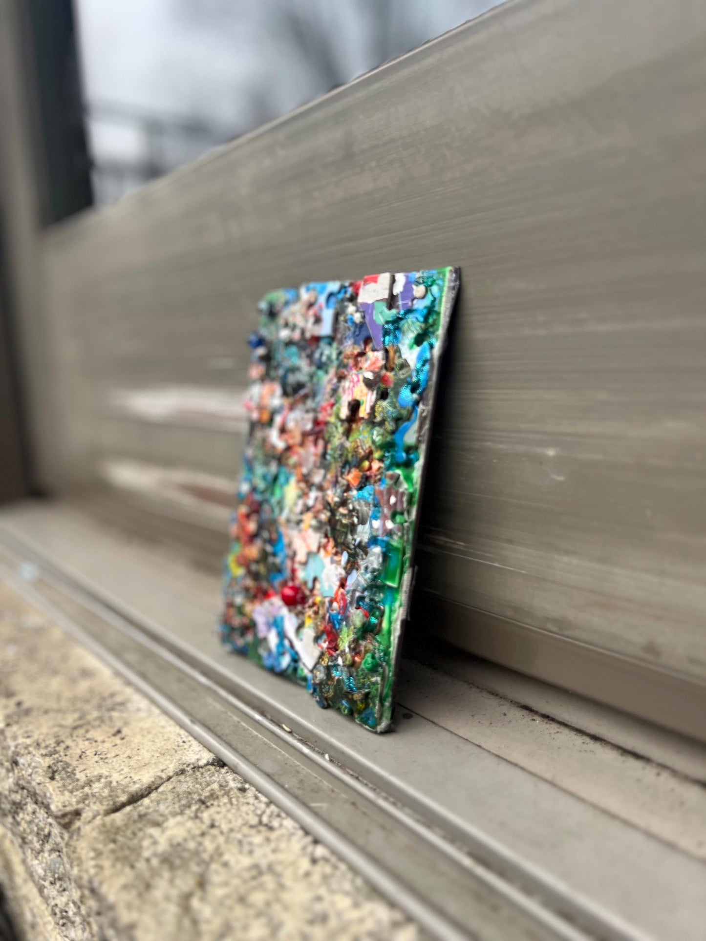 Reclaimed Puzzle Collage – Mixed Media Assemblage on Canvas – Found Object Artwork – Colorful Scrap Mosaic