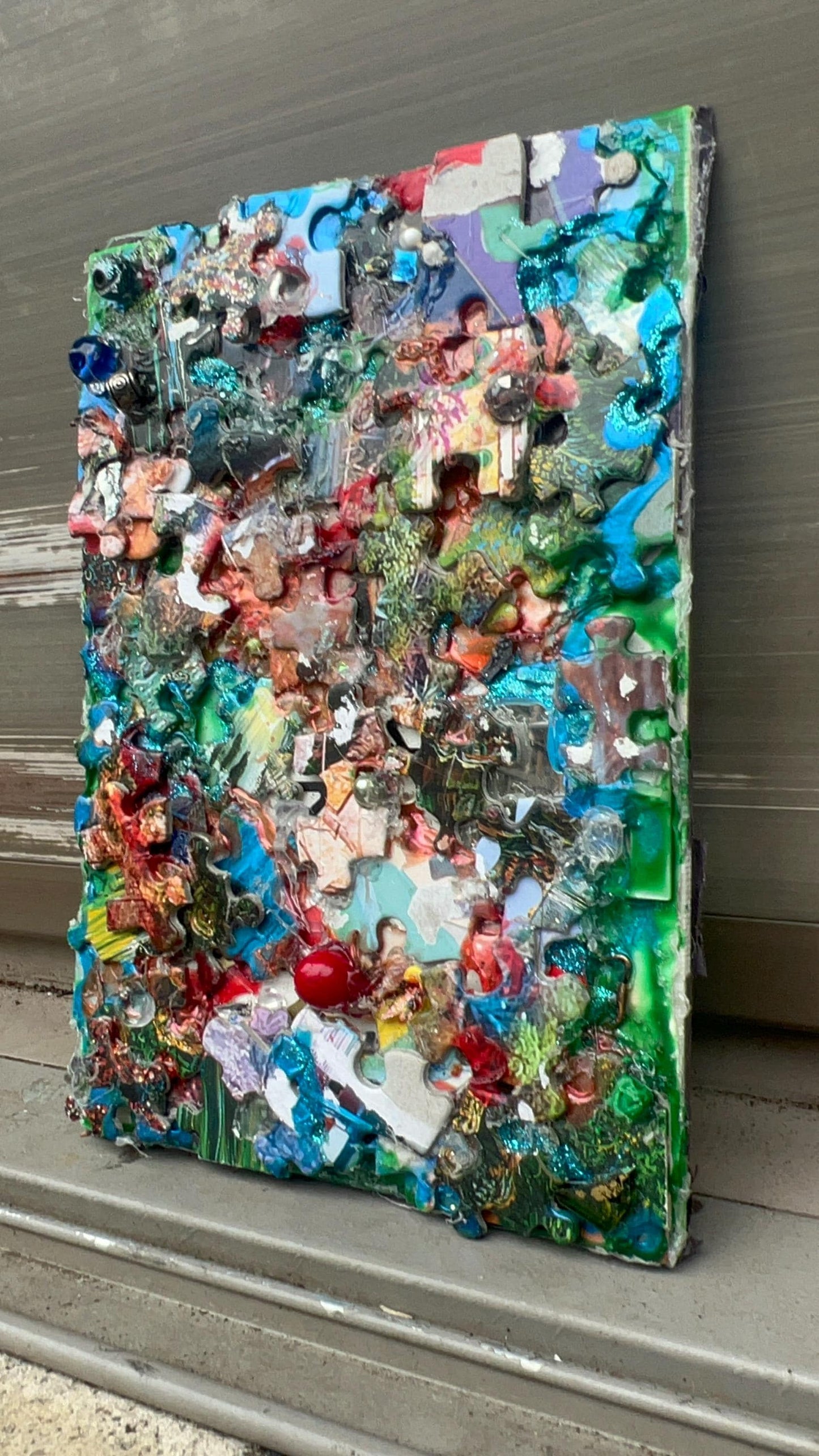 Reclaimed Puzzle Collage – Mixed Media Assemblage on Canvas – Found Object Artwork – Colorful Scrap Mosaic
