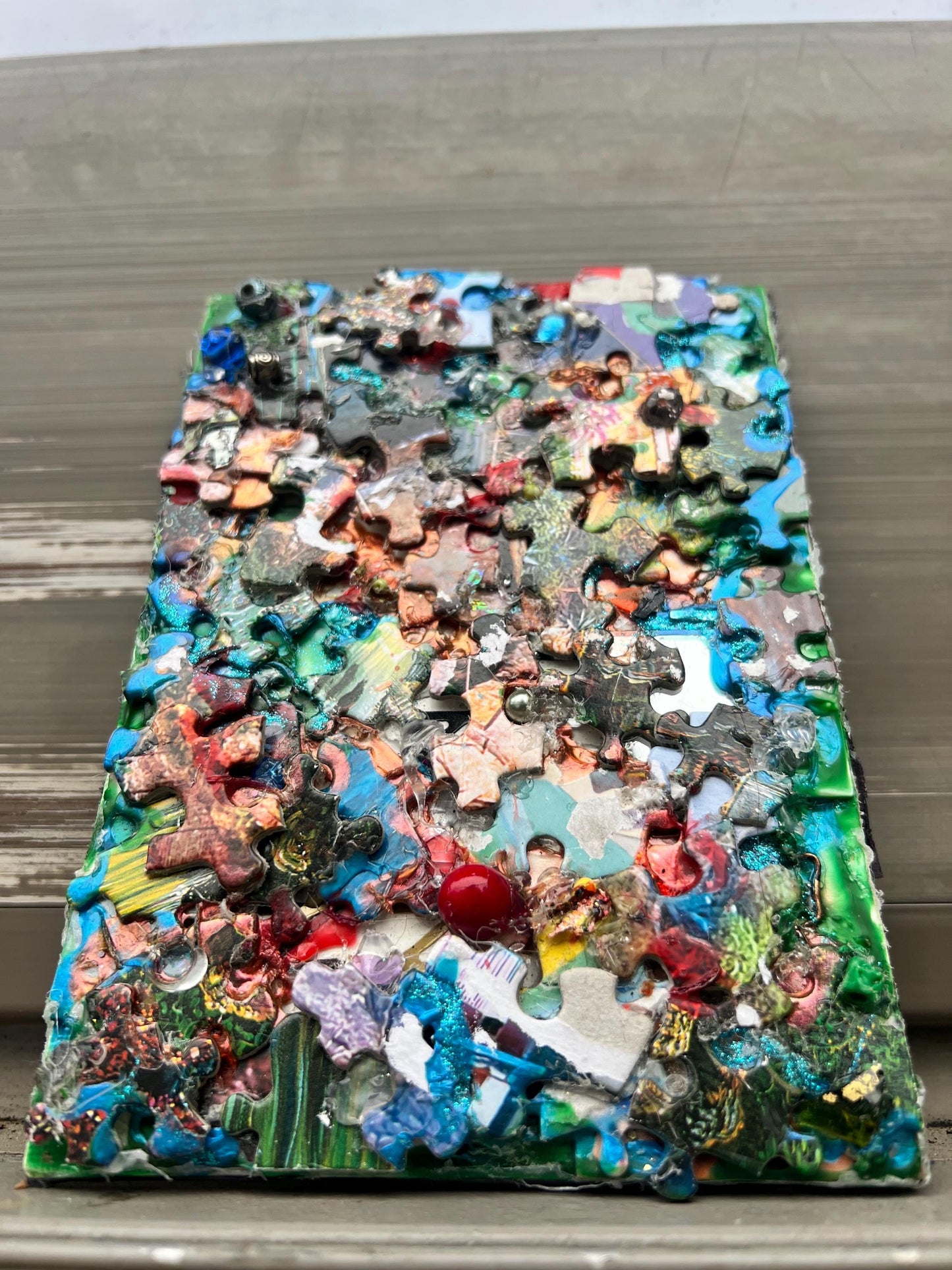 Reclaimed Puzzle Collage – Mixed Media Assemblage on Canvas – Found Object Artwork – Colorful Scrap Mosaic