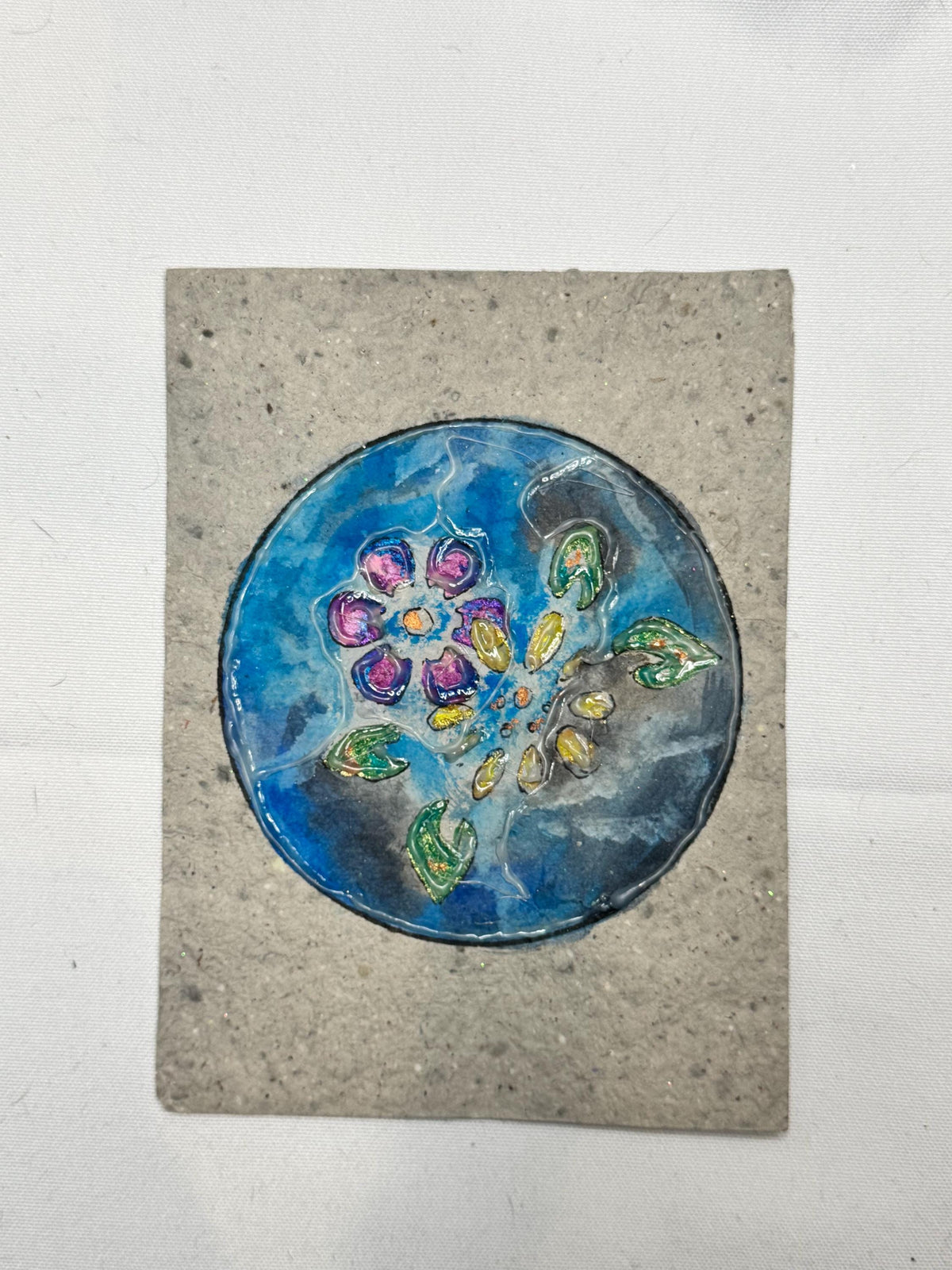 Original Mixed Media Floral Artwork, Textured Blue Circular Composition, Handmade Paper