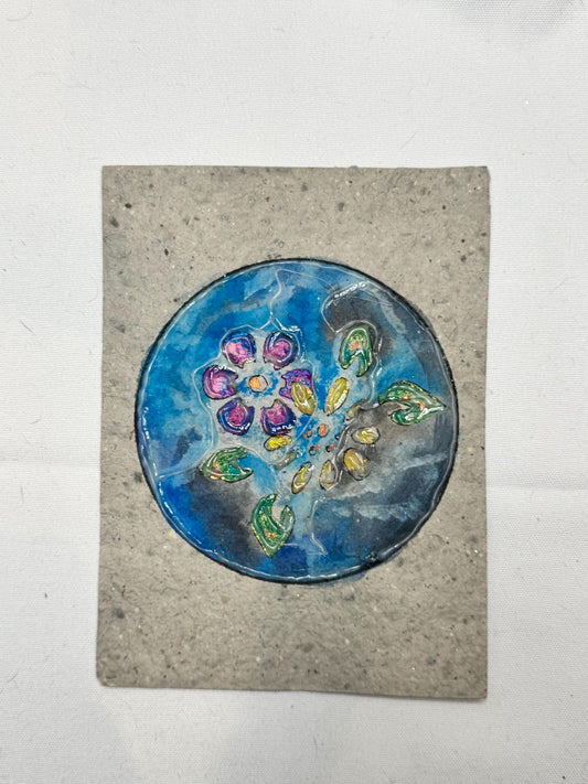 Original Mixed Media Floral Artwork, Textured Blue Circular Composition, Handmade Paper