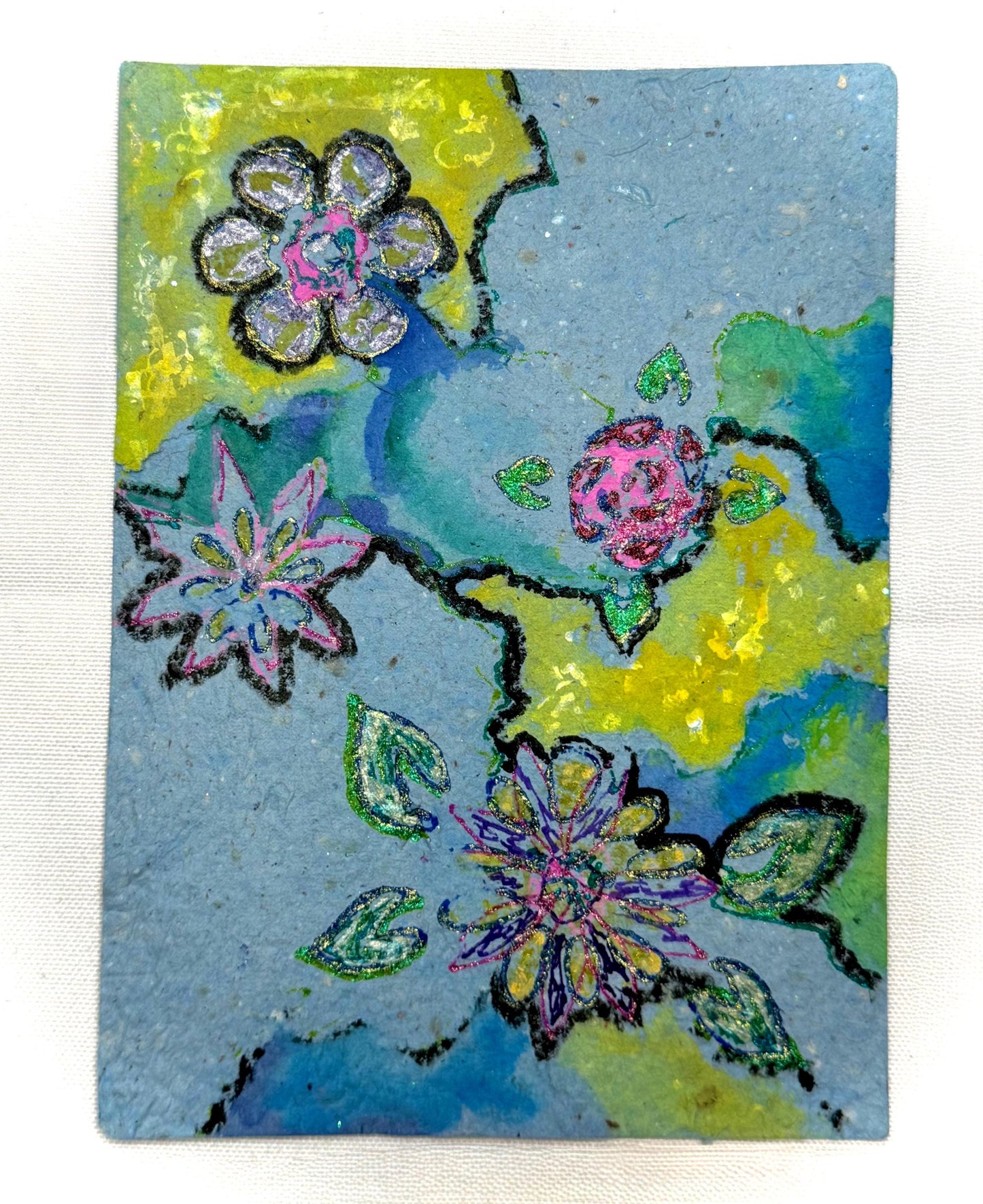 Original Mixed Media Artwork on Handmade Paper (5.5 x 7.5 in), Abstract Floral Composition