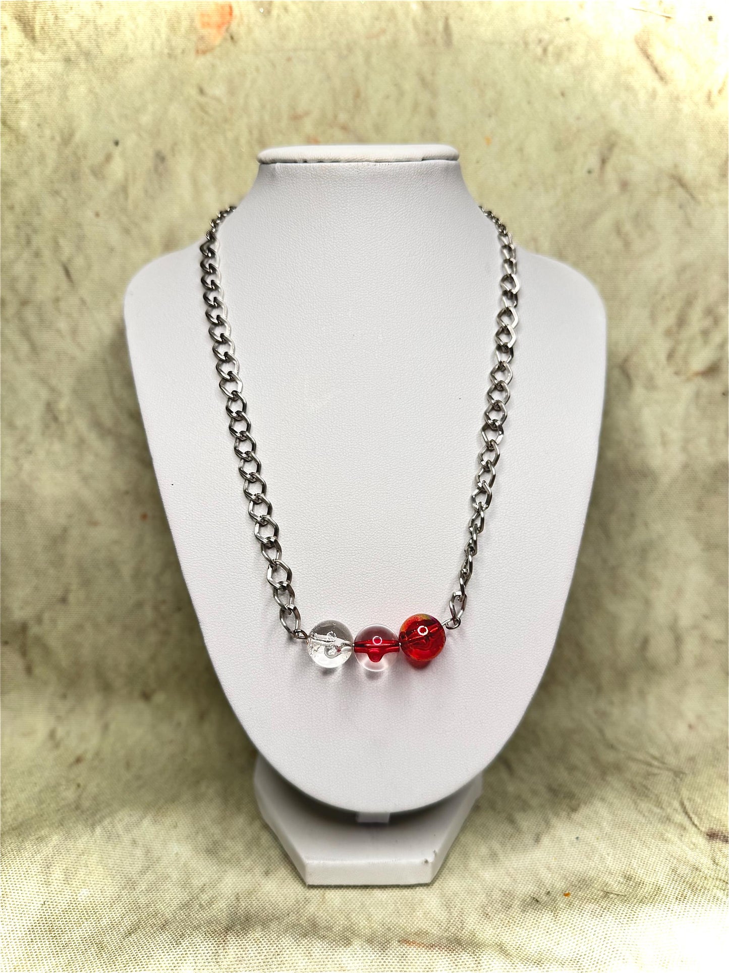 Minimalist Necklace - Red and Clear Bead Cluster on Silver Toned Chain