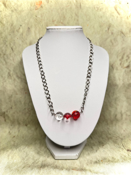 Minimalist Necklace - Red and Clear Bead Cluster on Silver Toned Chain