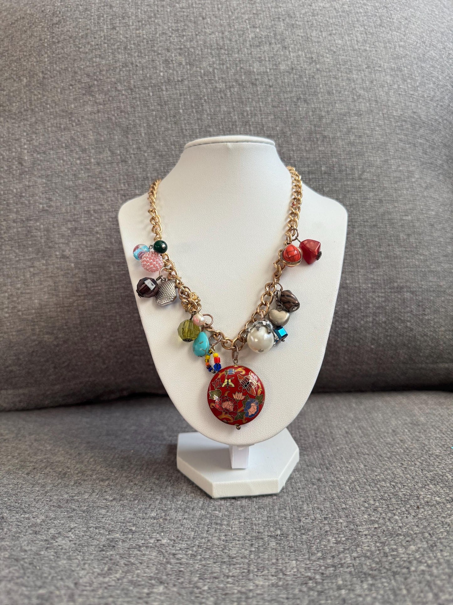 Statement Charm Necklace – Red Pendant – Gold-Toned Chain Mixed Bead Assemblage