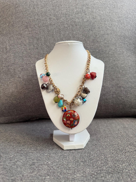 Statement Charm Necklace – Red Pendant – Gold-Toned Chain Mixed Bead Assemblage