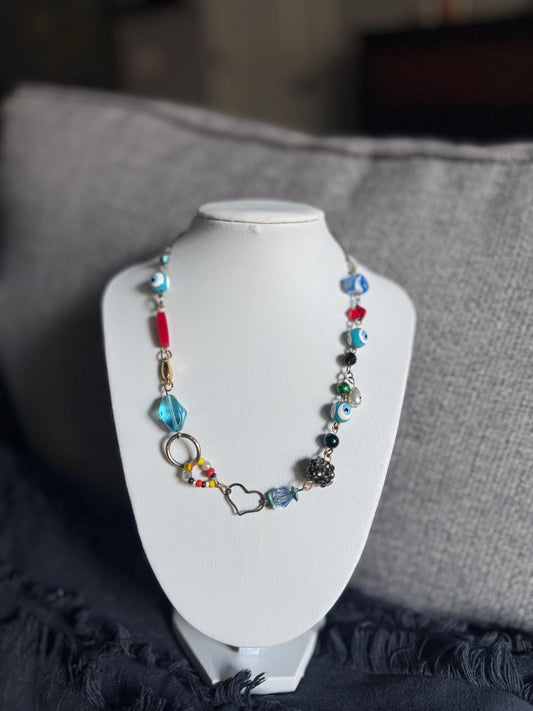 Colorful Asymmetrical Beaded Necklace – Evil Eye Inspired Mixed Bead Statement Jewelry