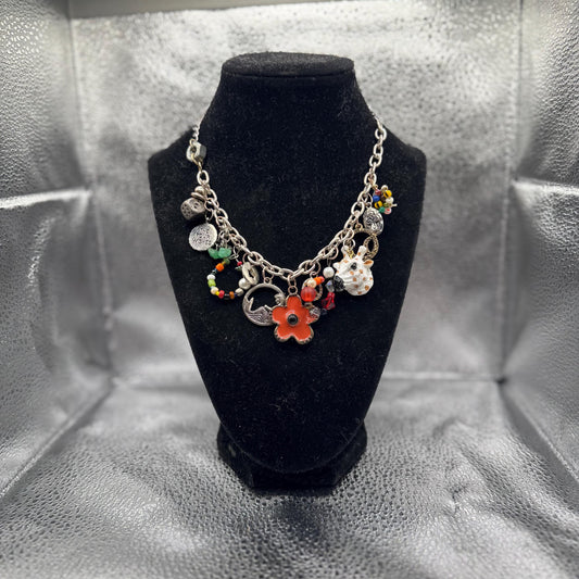 Handmade Charm Necklace – Mixed Metal Chain, Colorful Beads, Flower Pendant, Eclectic Statement Jewelry