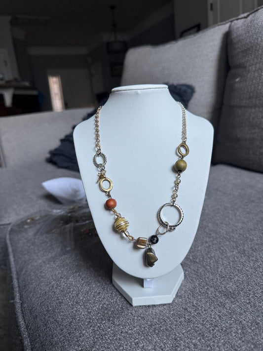 Asymmetrical Neutral Beaded Necklace – Mixed Metal & Earth Tone Statement Jewelry