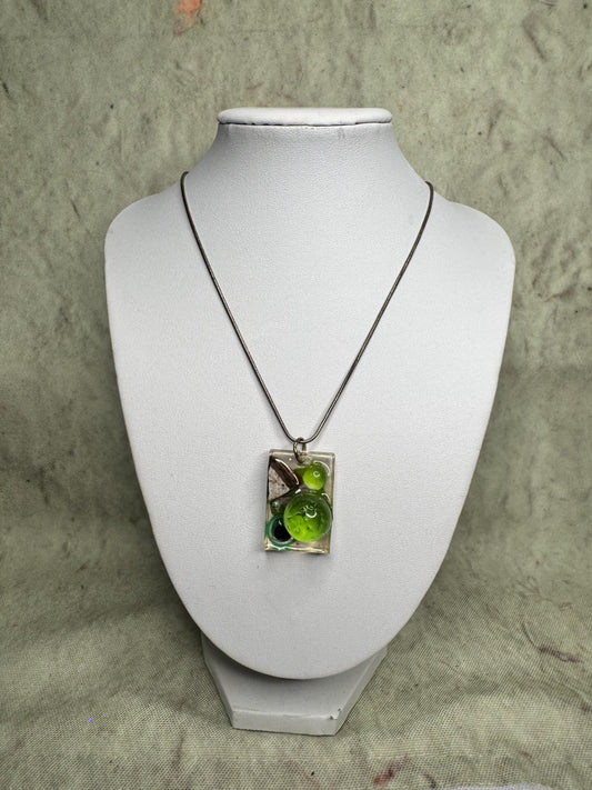 Resin Pendant Necklace – Green Glass & Found Object Collage – Handmade Statement Jewelry