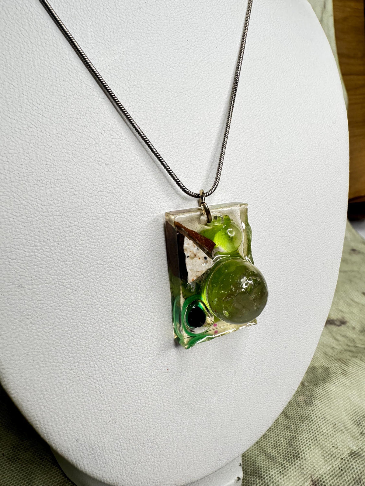 Resin Pendant Necklace – Green Glass & Found Object Collage – Handmade Statement Jewelry