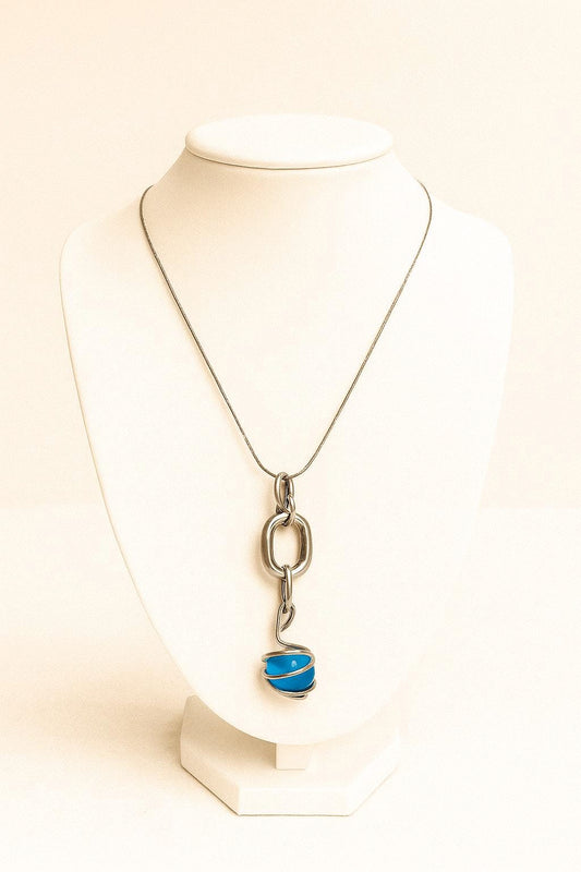 Blue Orb Charm Necklace – Asymmetrical Silver Chain Pendant, Modern Statement Jewelry